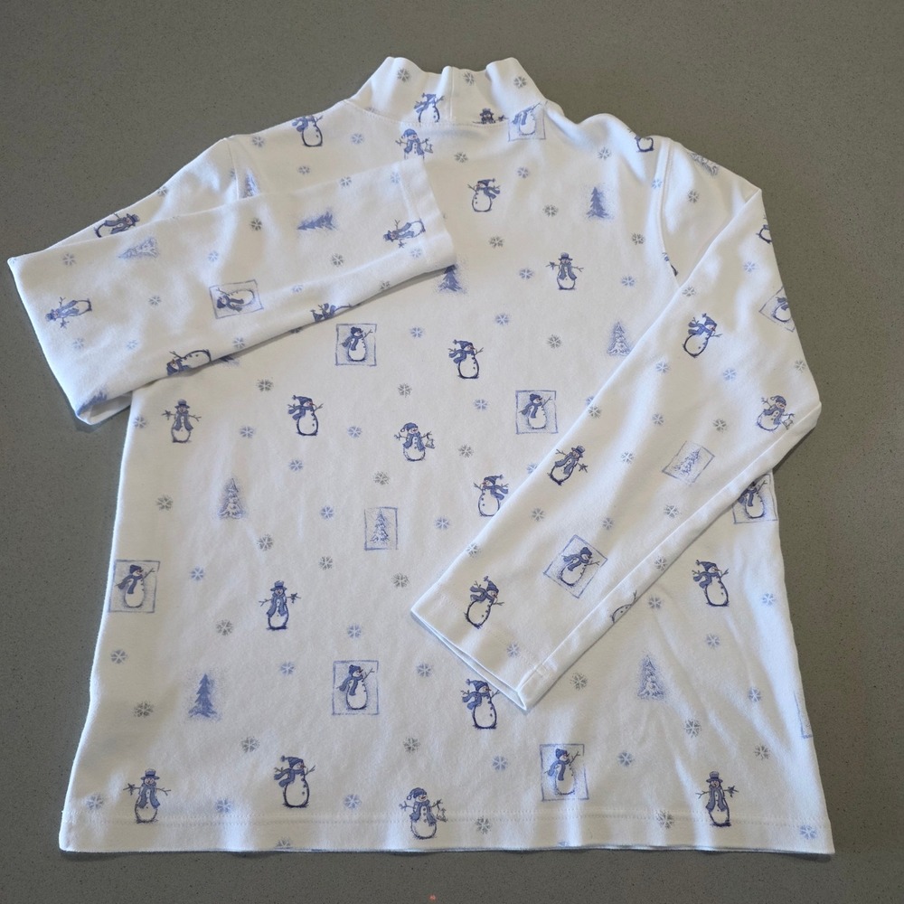 Womens White Blue Snowman Snowflake Mock‎ Neck Long Sleeve Winter Top SK1094